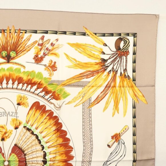 HERMES Carre 90 Scarf ""BRAZIL"" Silk Beige Auth am9005 - Picture 4 of 14